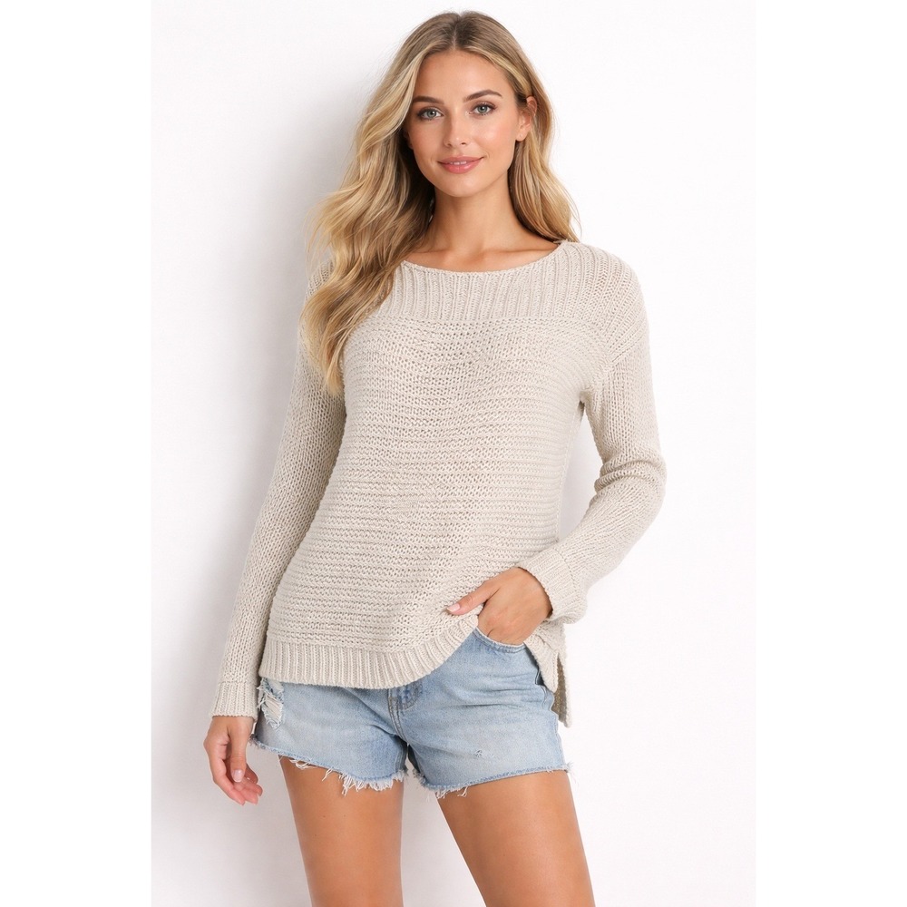 Fisherman Indie Women's Cream Open Knit Sweater XS/S Slit Hem Coastal Boho Beach